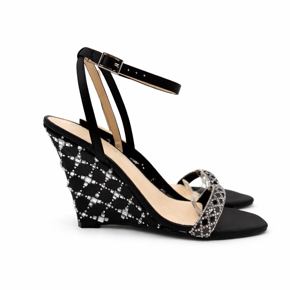 Betsey Johnson Talya Elegant Black Rhinestone Wedge Sandals Sparkly Ankle Strap - Picture 3 of 17